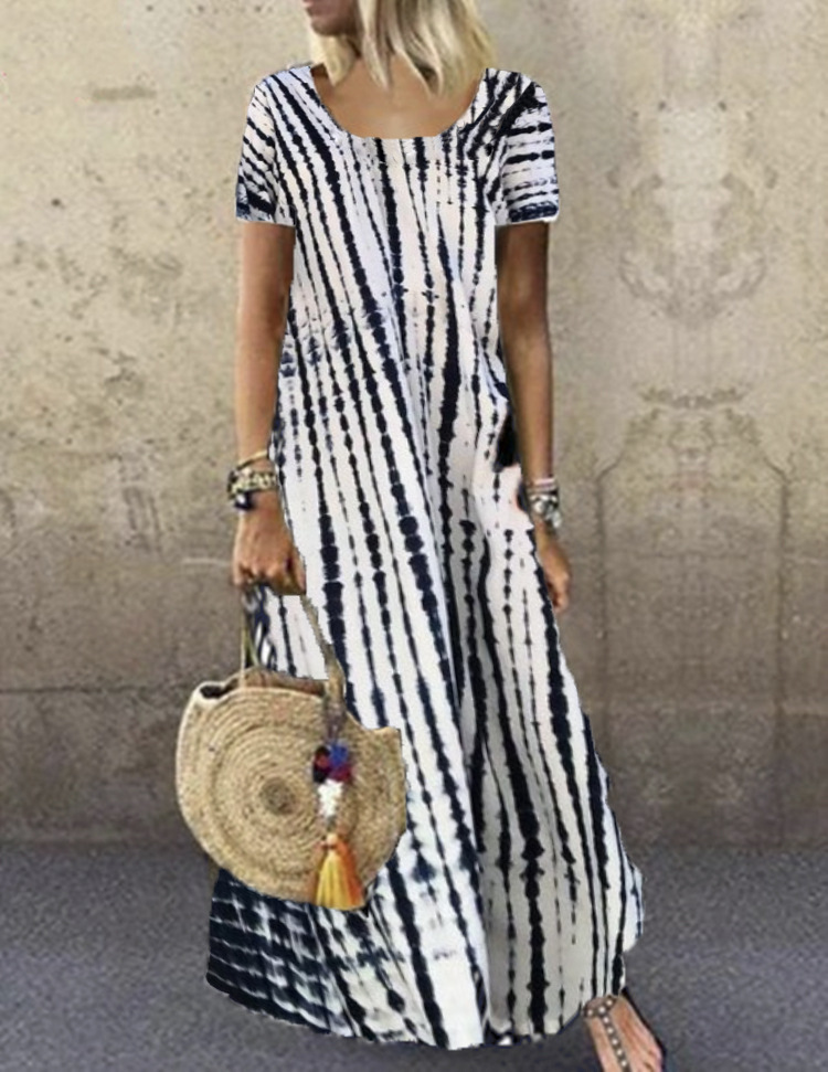Tie-Dye Print Short Sleeve Round Neck Maxi Dress Plus Size Casual