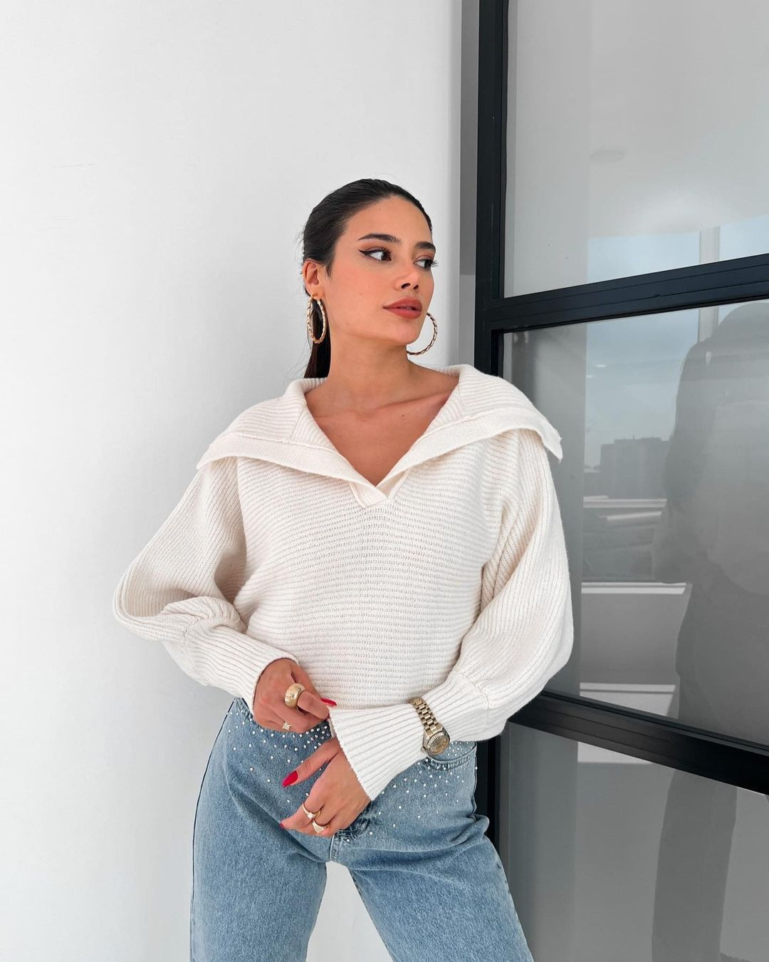 Women's Loose Lantern Sleeve Open Collar Pullover Cropped Sweater