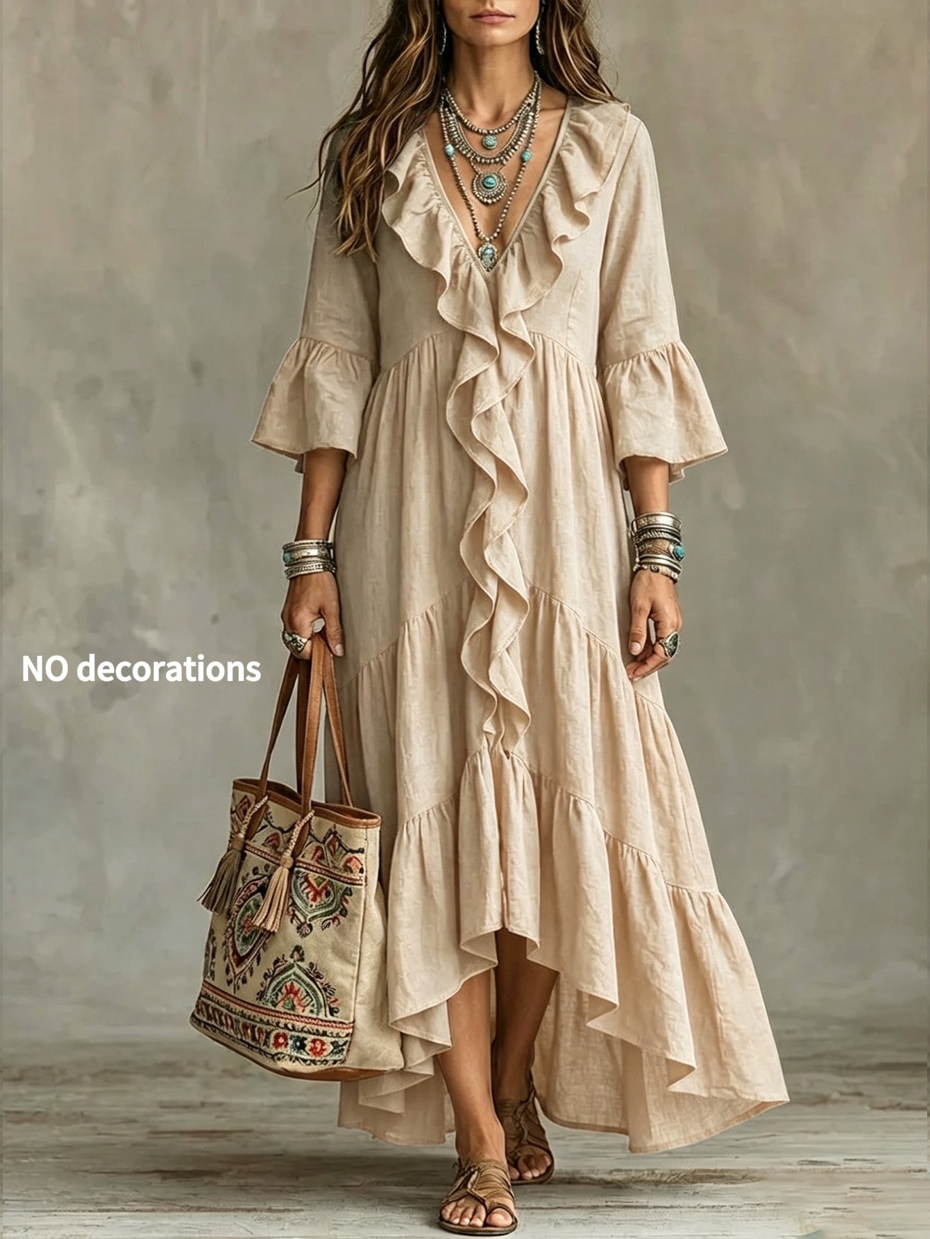 V-Neck Ruffle Bell Sleeve Midi Dress