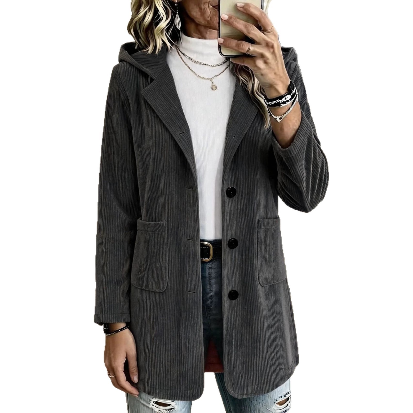 Women's Hooded Corduroy Mid-Length Loose Casual Jacket