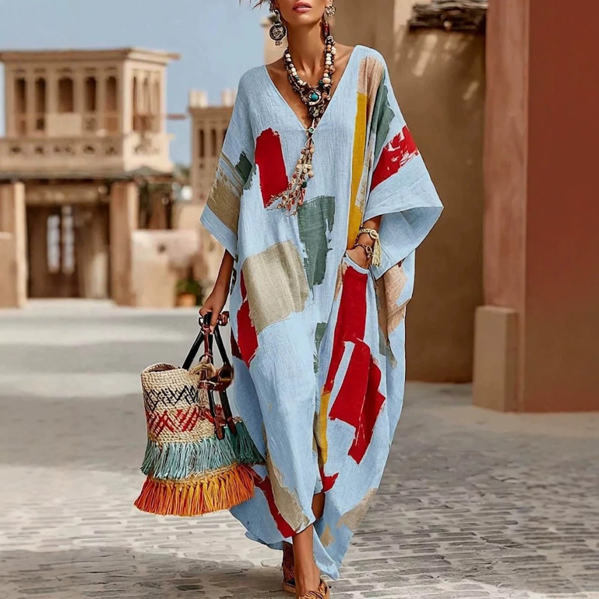 Women's Boho Ethnic Print A-Line Dress with Pockets
