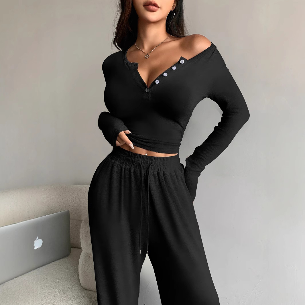 Women's Long Sleeve Button-Front Solid Slim Top and Pants Two-Piece Set