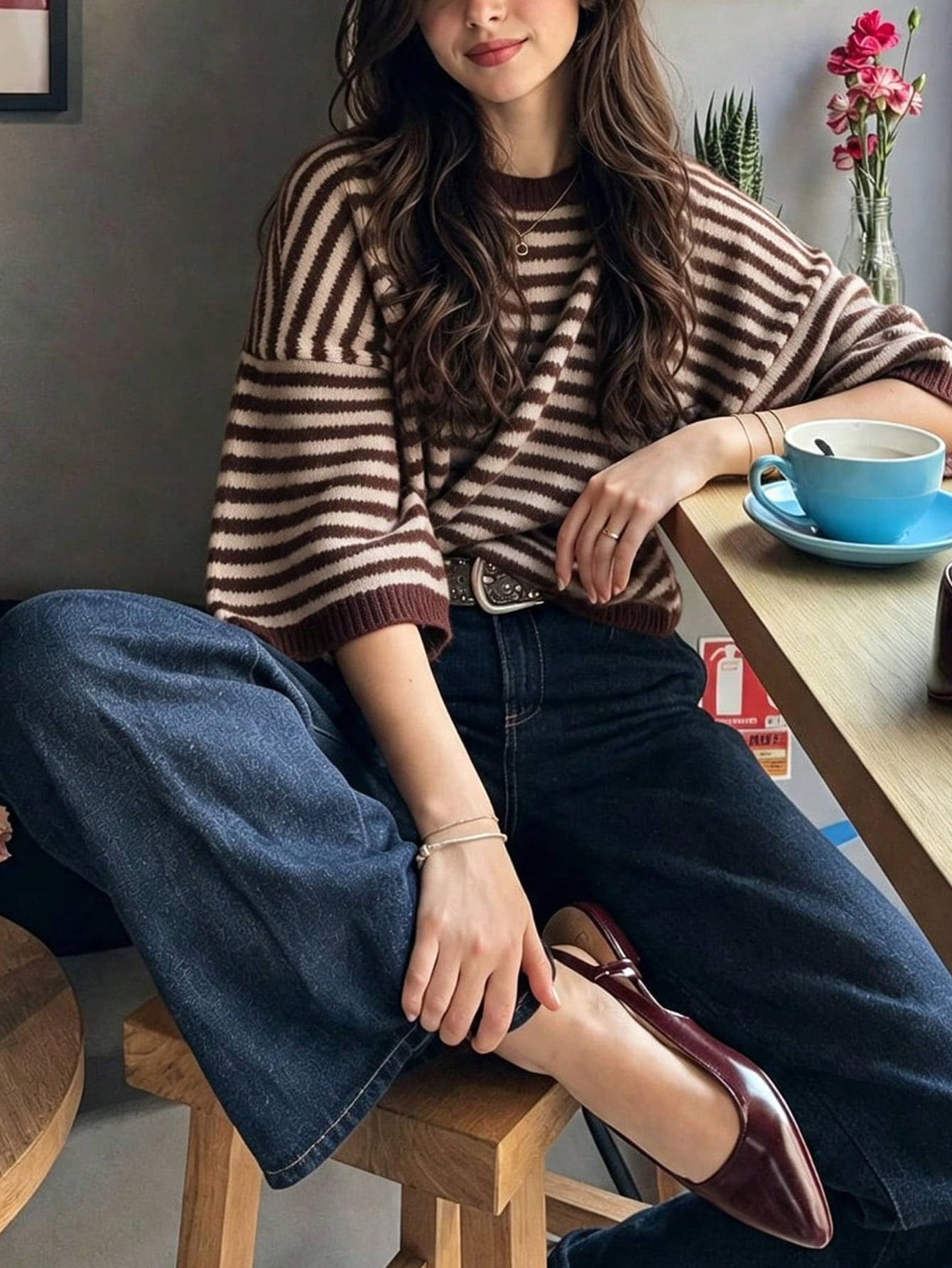 Color-Block Striped Knit Top Women's Loose Batwing Sleeve Pullover