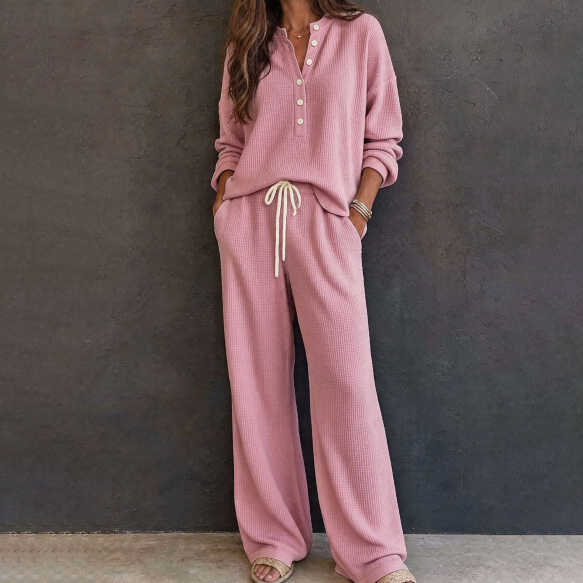 Women's Waffle Knit Long Sleeve Shirt and Pants Set Solid Color Loungewear