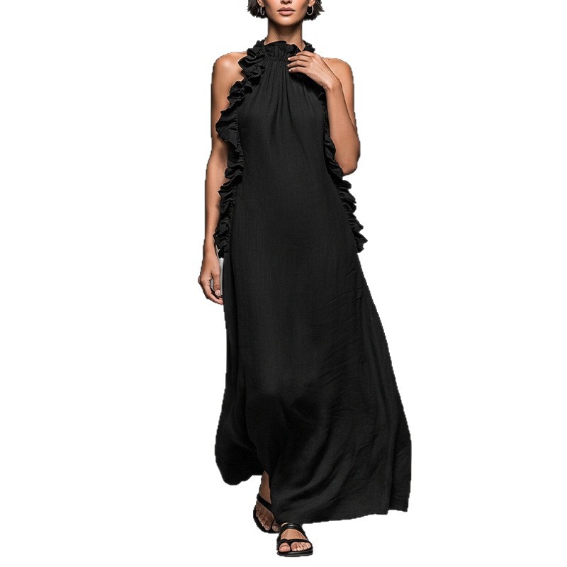 Women's Loose Fit Solid Color Halter Neck Dress with Pockets and Ruffle Hem