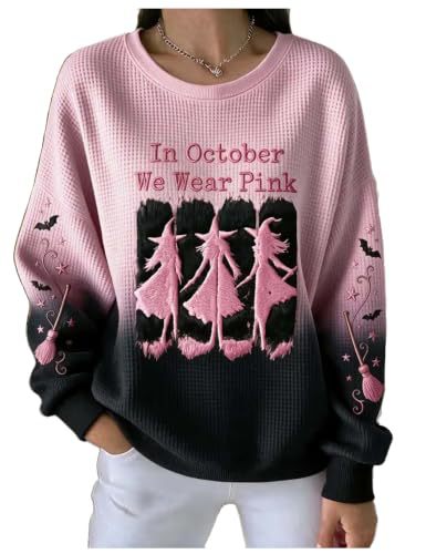 Halloween Witch Broom Print Crewneck Long-Sleeve Pullover Sweatshirt