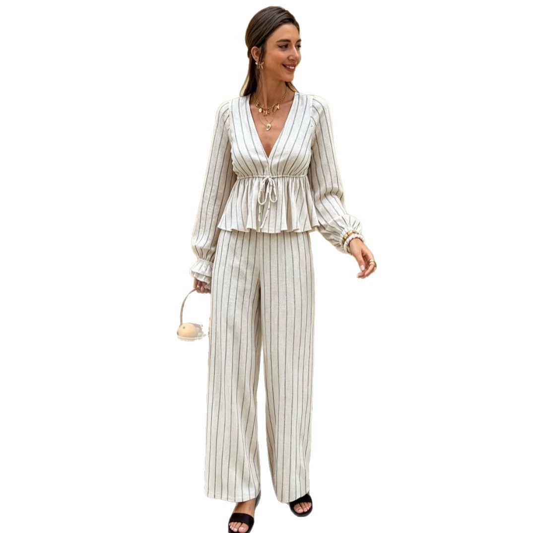 V-Neck Tie Striped Long Sleeve Top and Pants Two-Piece Set