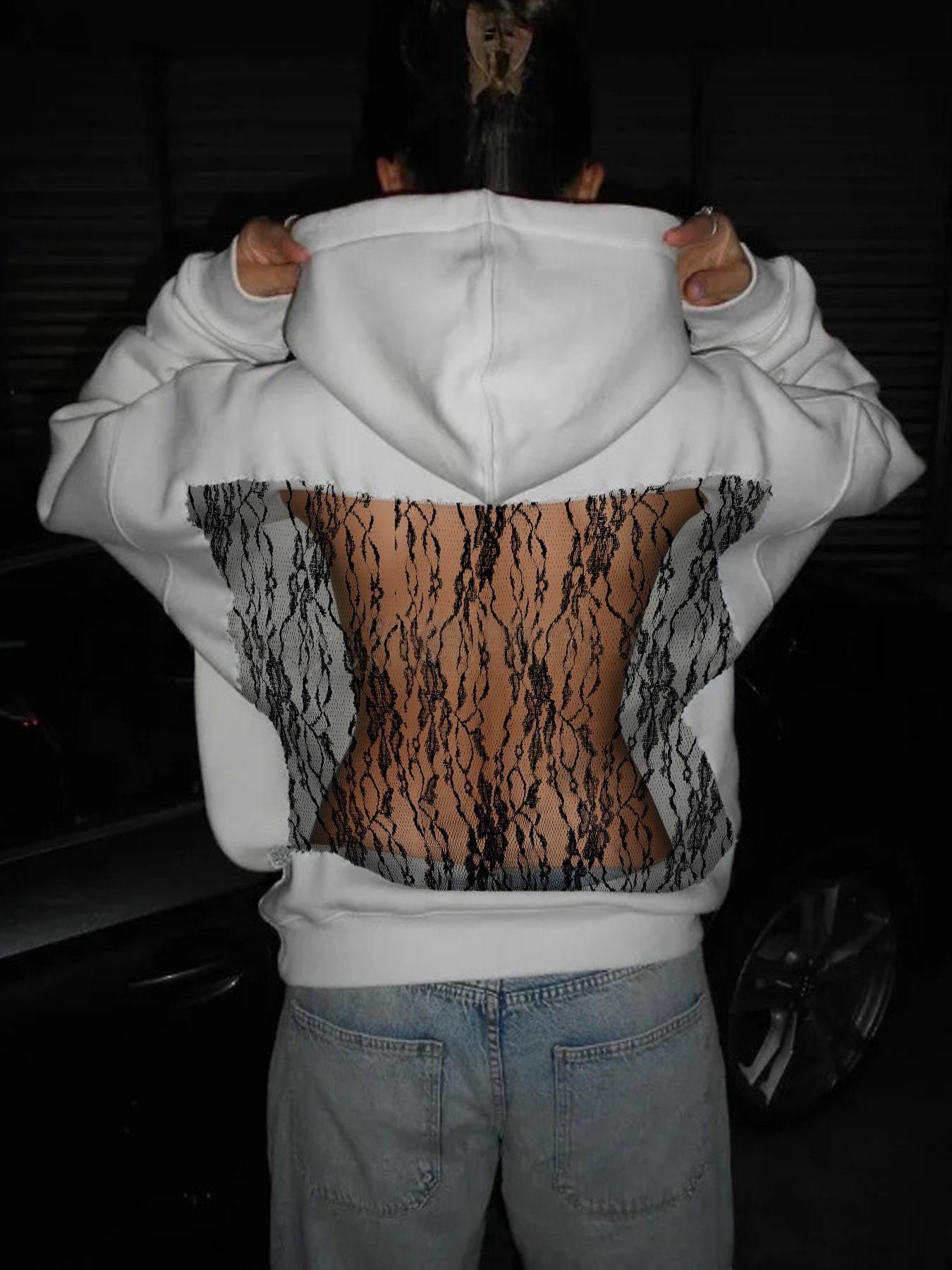 Women's Solid Color Open Back Cutout Mesh Hoodie Sweatshirt