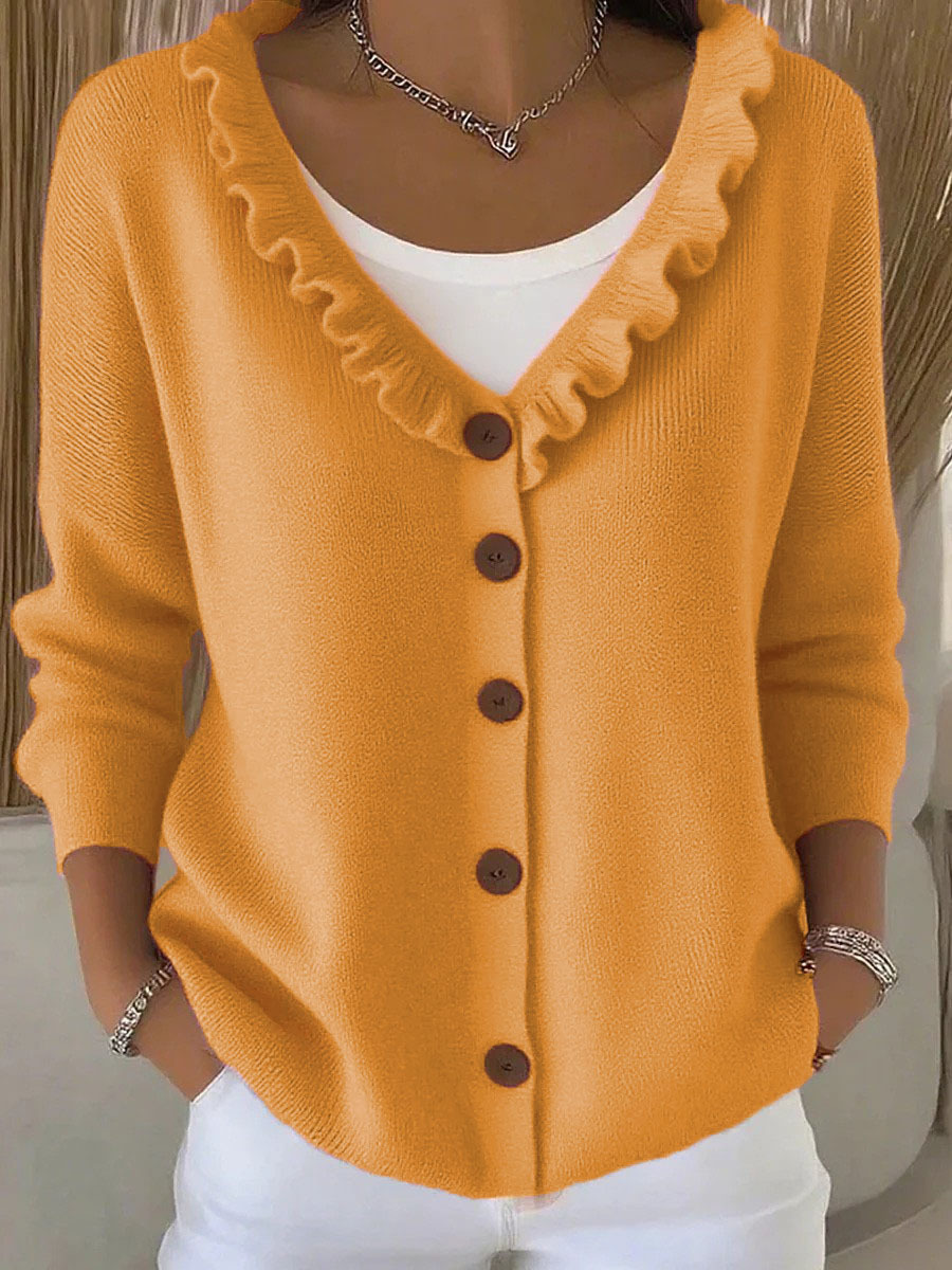 Women's Ruffle Trim V-Neck Knit Cardigan Sweater
