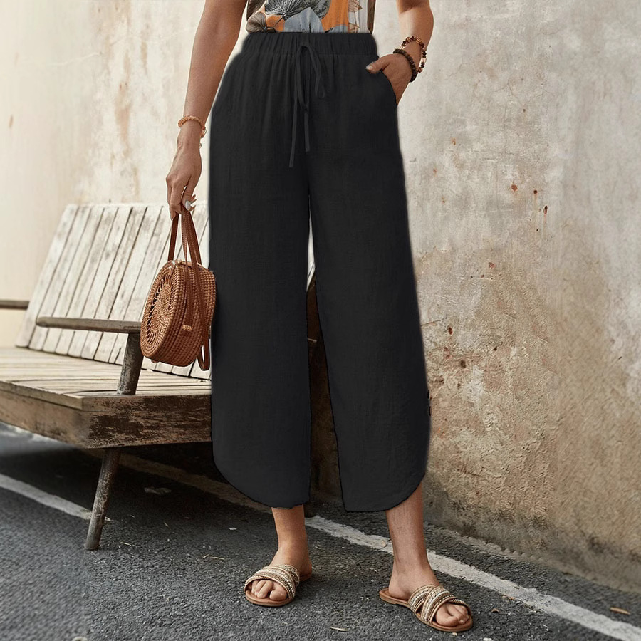 Women's Casual Cotton Linen High Waist Wide Leg Cropped Pants