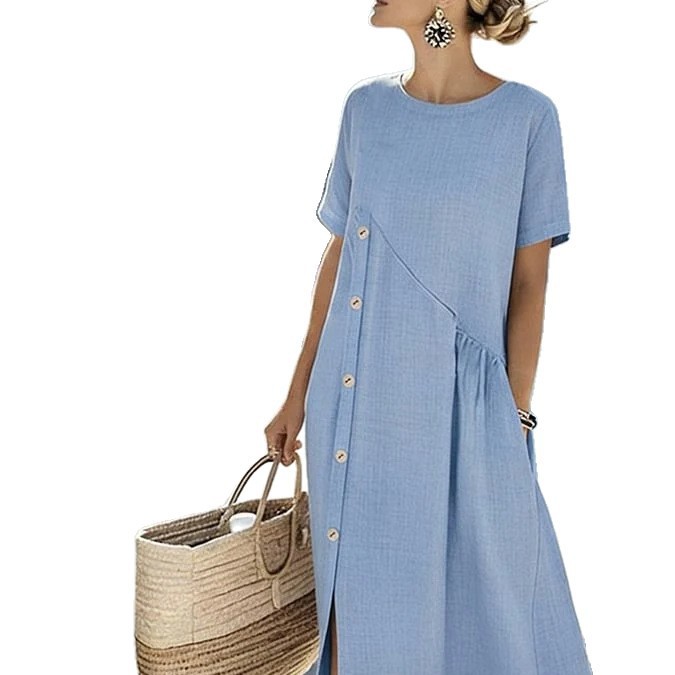 Women's Side Button Ruched Waist Midi Dress Casual Vacation