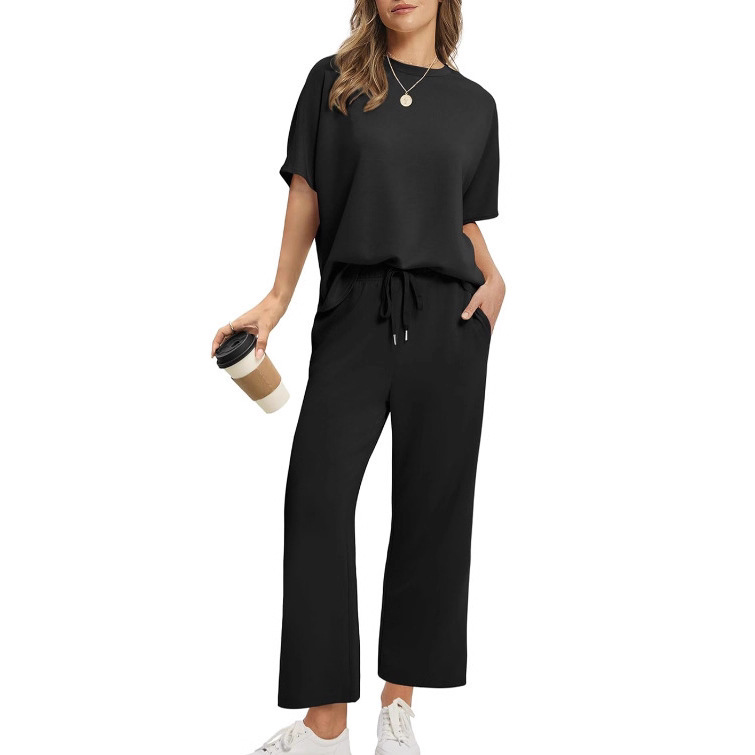 Women's Short Sleeve Top & Wide-Leg Cropped Pants Set