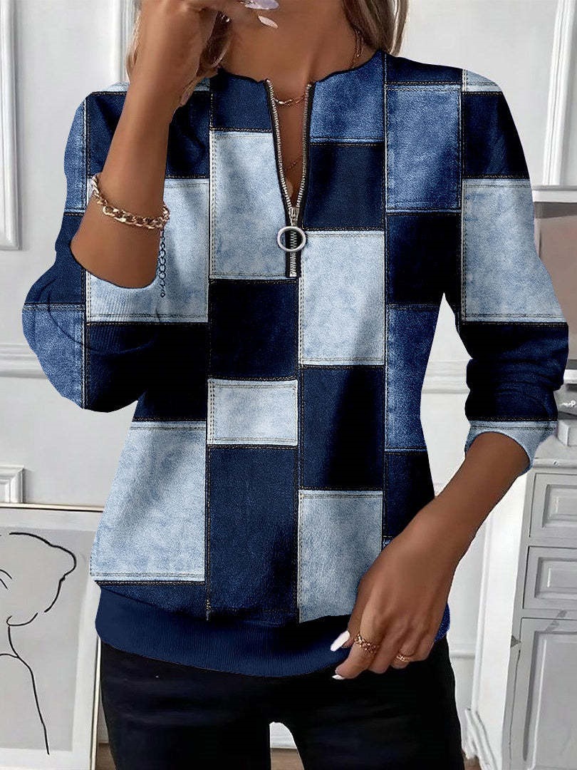 Women's Boho Print Long Sleeve Zip-Up Sweatshirt Casual Top