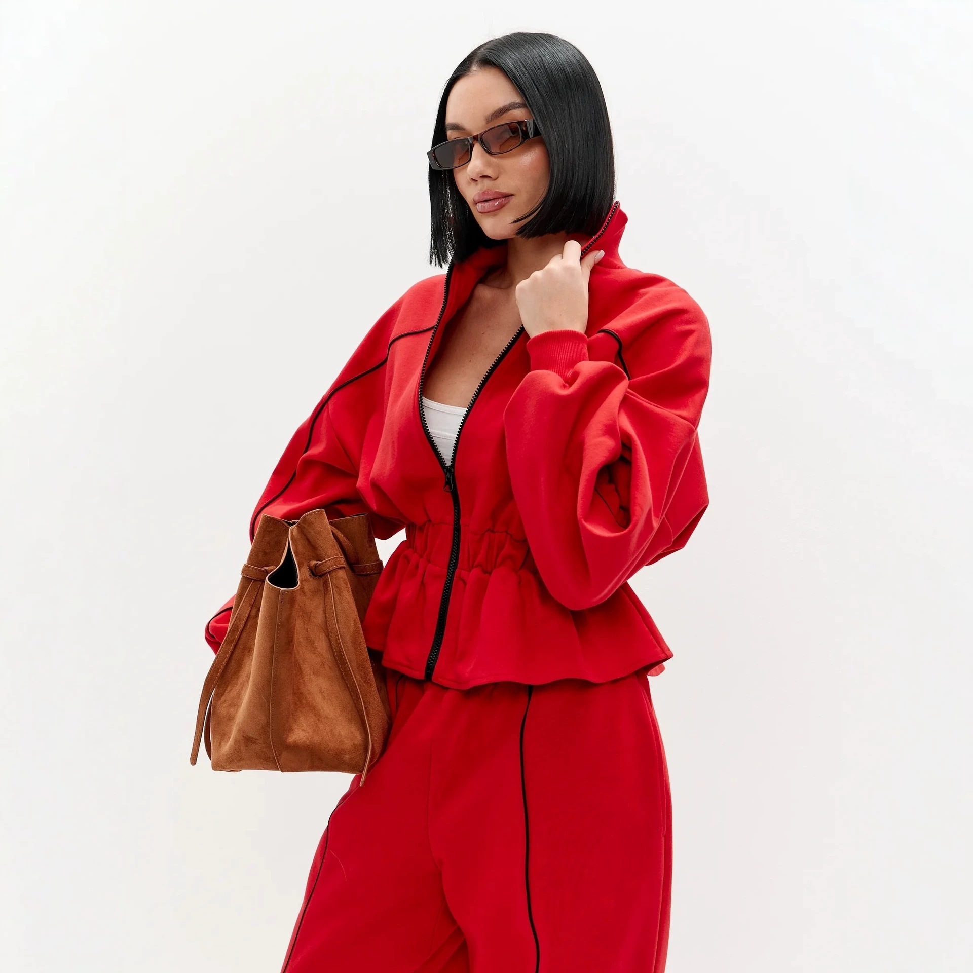 Women's Colorblock Two-Piece Set with Ruched Waist Long Sleeve Jacket and Pants