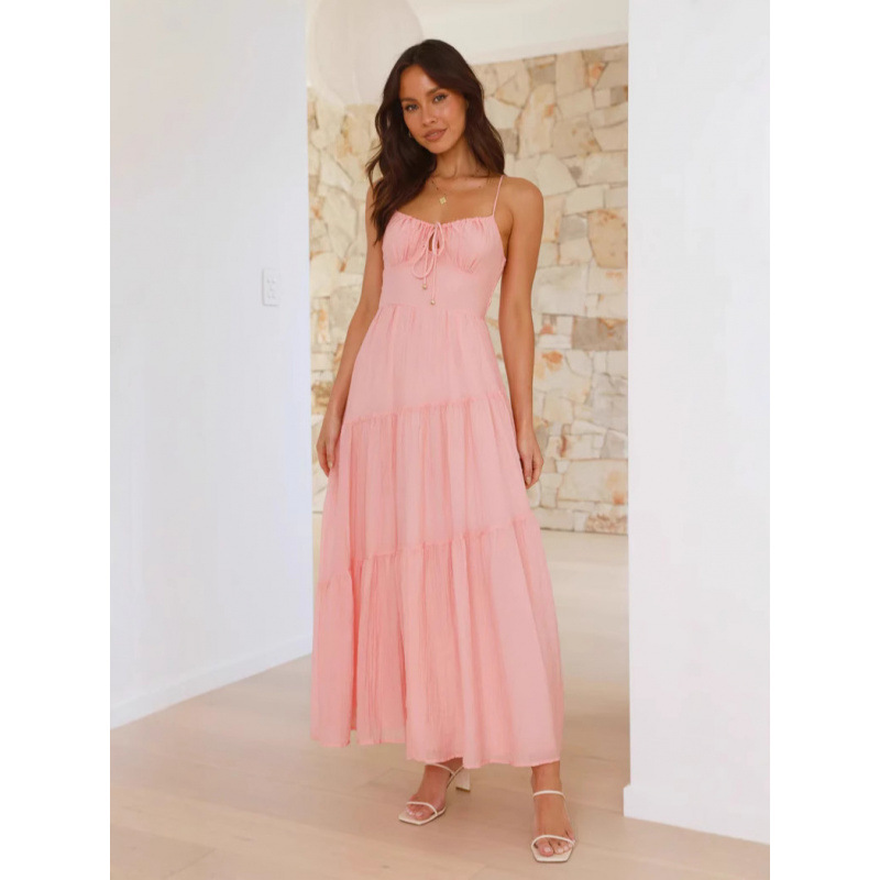 Women's Sleeveless Spliced Cami Long Backless Tie Dress