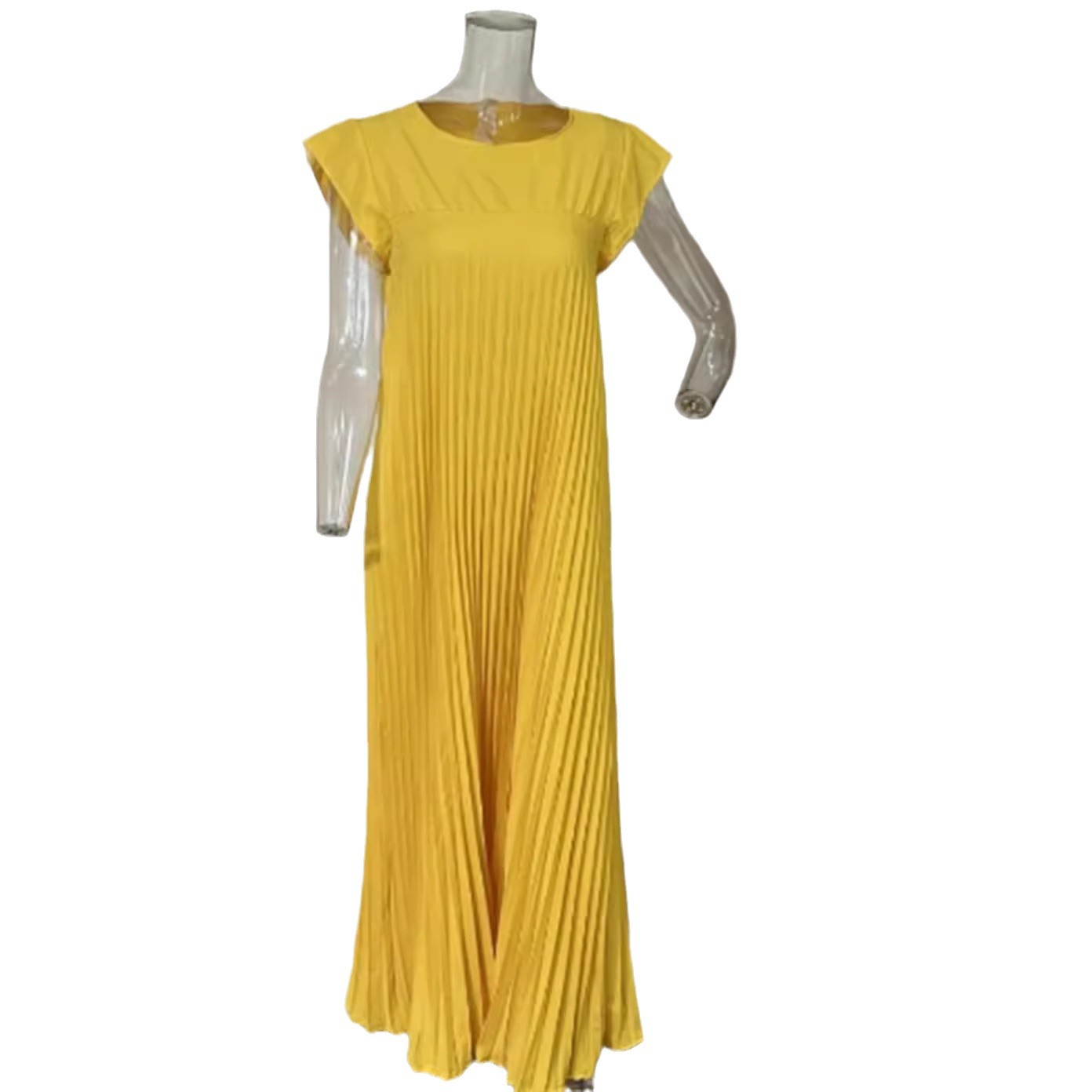 Women's Sleeveless Pleated Dress Round Neck High Waist Long
