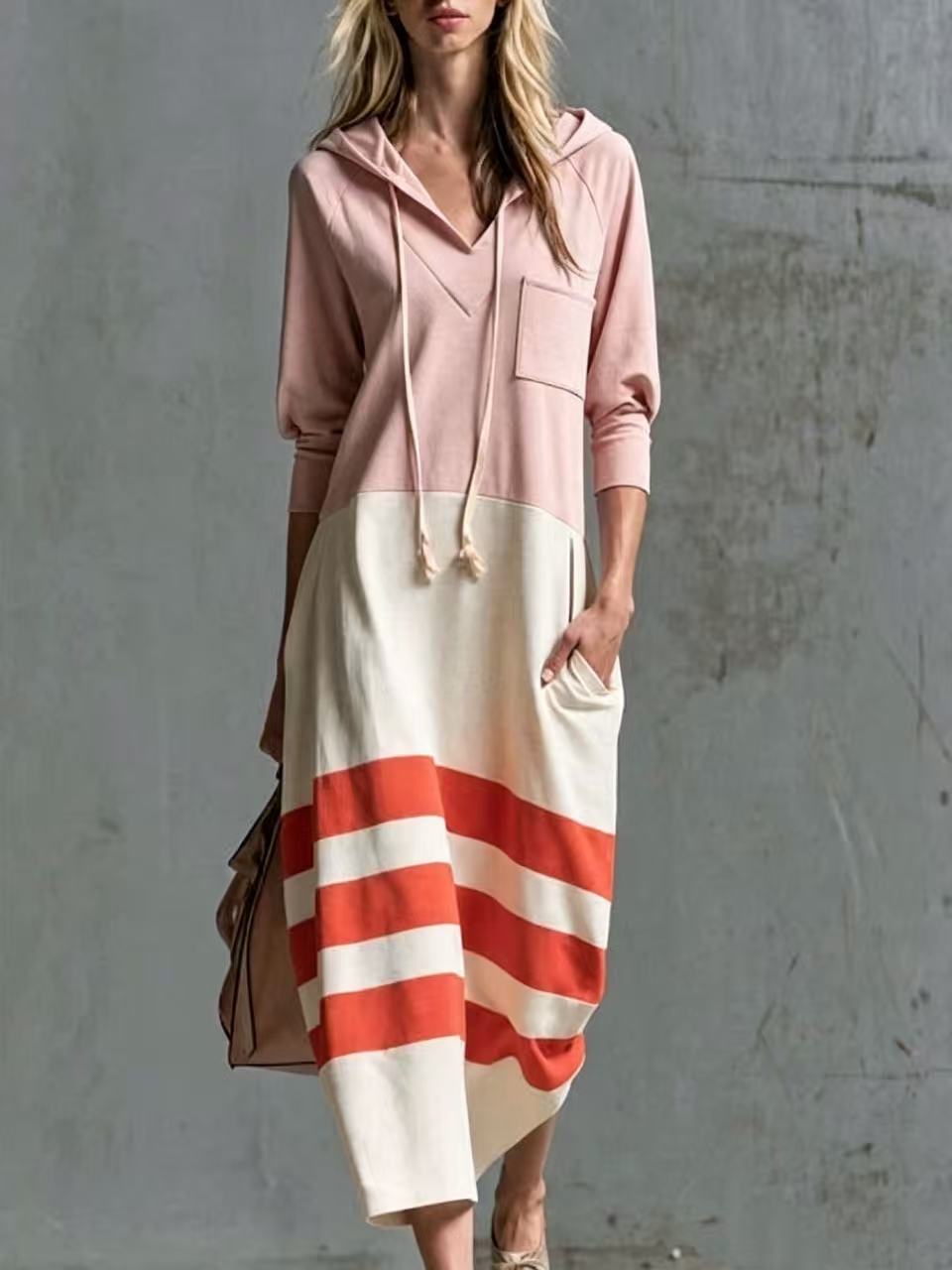 Women's Casual Color-Block Striped Hooded Sweatshirt Dress Loose 3/4 Sleeve A-Line Midi