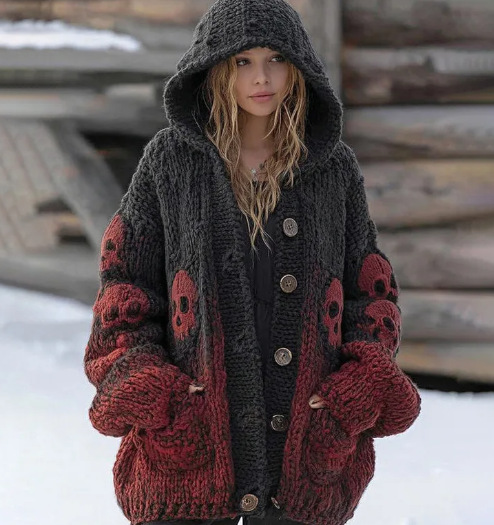 Women's Boho Print Hooded Button Cardigan Sweater