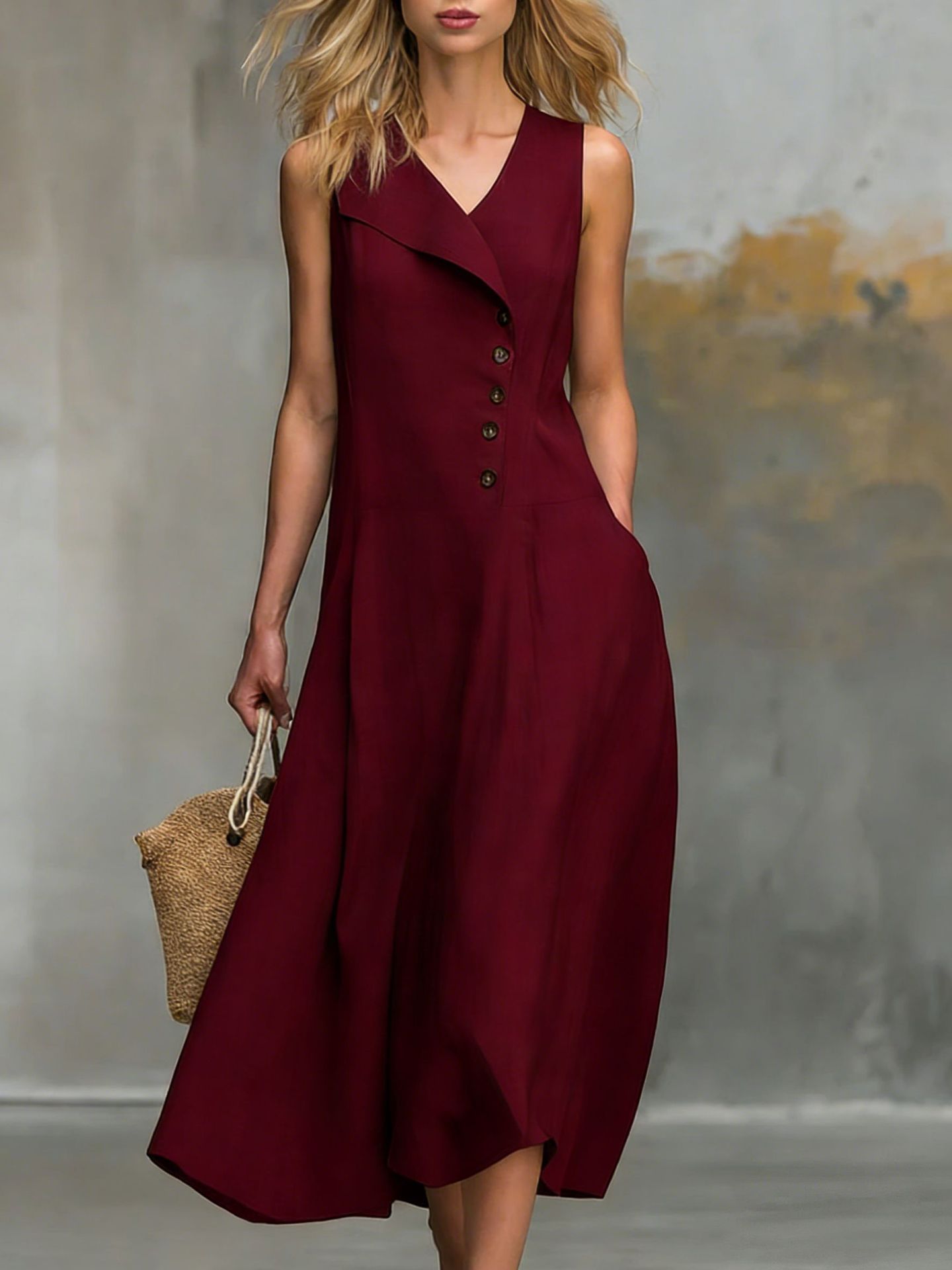 Women's Sleeveless Button-Front Collared Dress Solid Color Cinched Waist