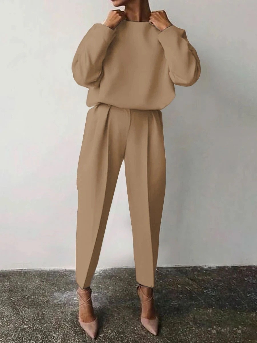 Women's Solid Color Long Sleeve Casual Two-Piece Pants Set