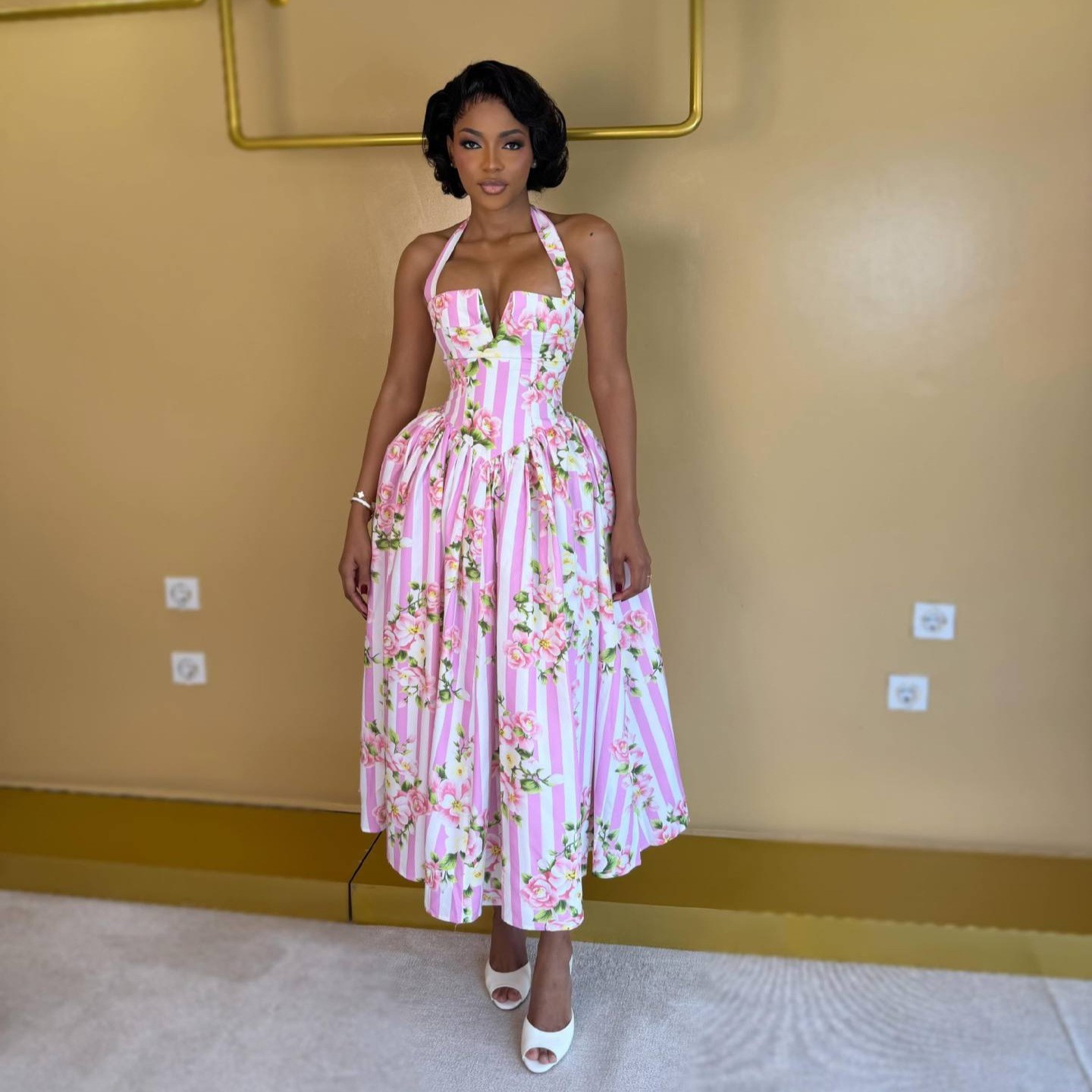 Floral Print V-Neck Halter Tie Maxi Dress