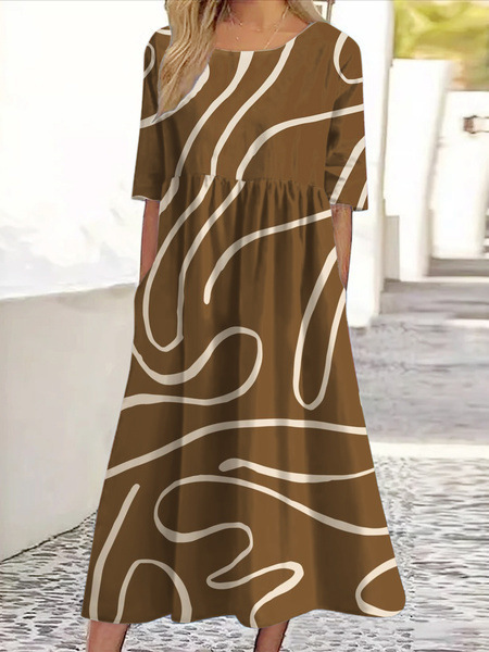 Women's Floral Print Ruched Midi Dress Round Neck Five-Sleeve Slim Fit