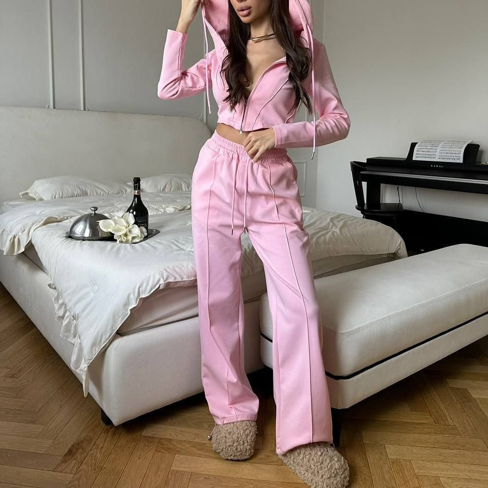 Women's Solid Color Long Sleeve Zip Crop Cardigan and Tie-Waist Pants Two-Piece Set