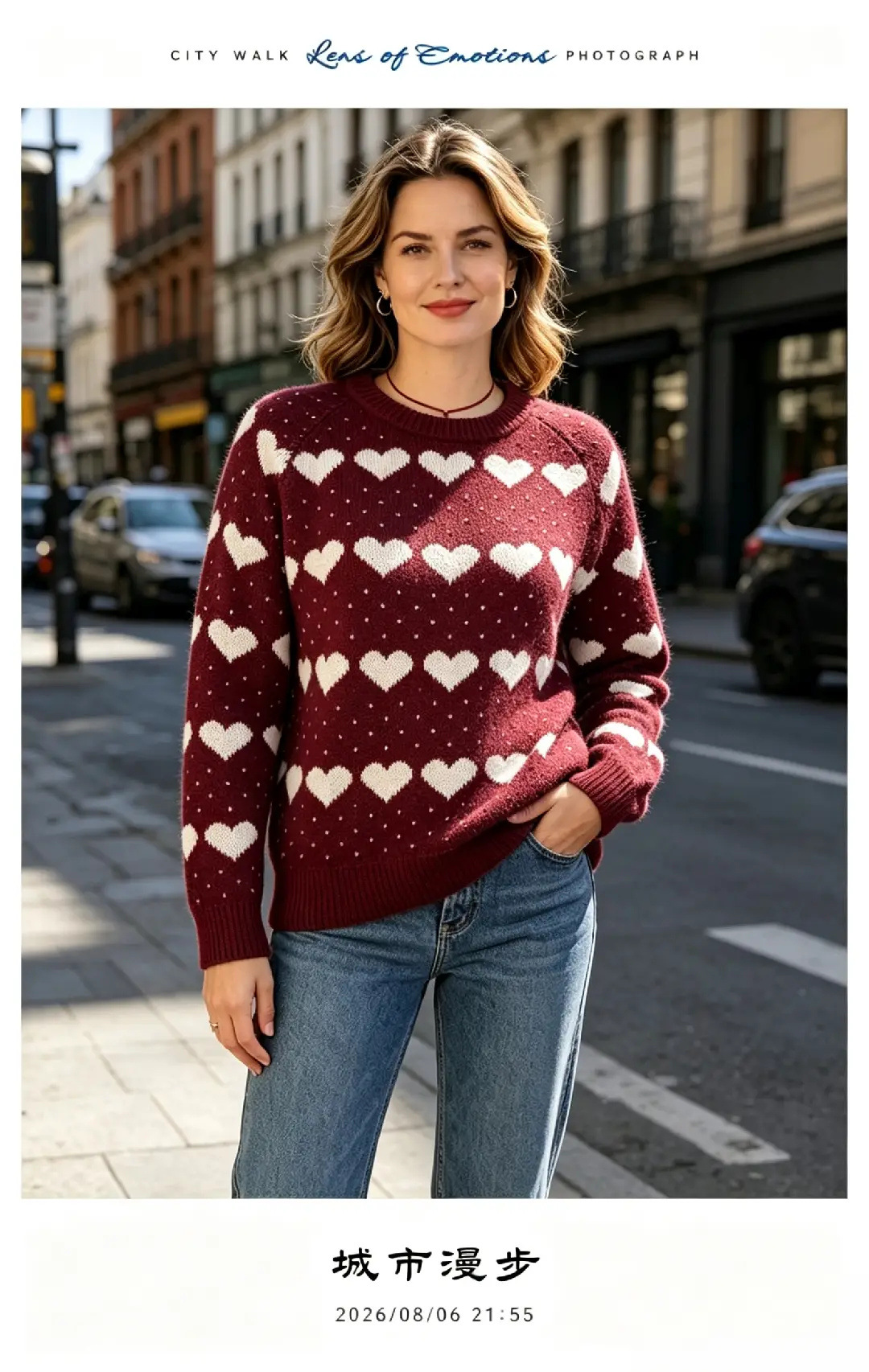 Heart Jacquard Knit Cardigan Wool-Blend V-Neck Loose Casual Sweater