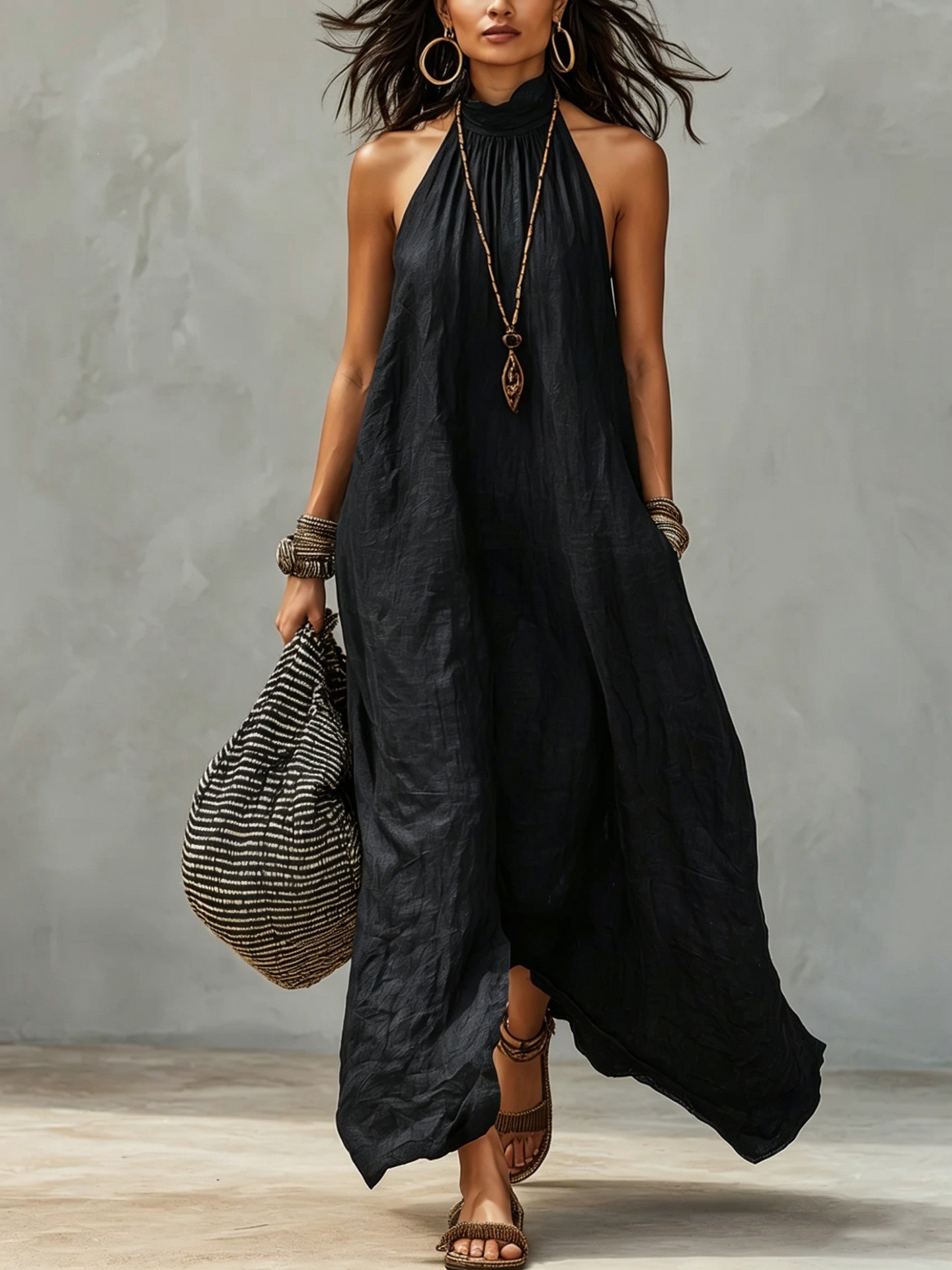 Women's Halter Neck Backless Pleated Boho Maxi Dress