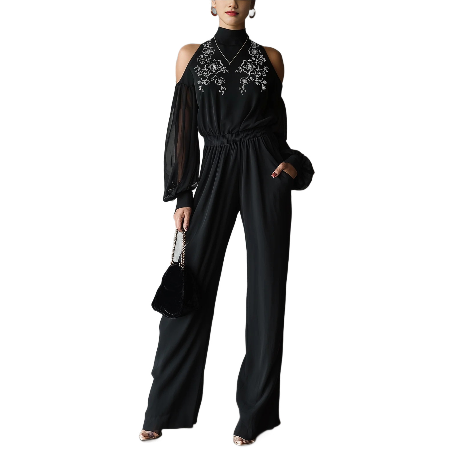 Black Embroidered Cold-Shoulder Wide-Leg Jumpsuit with Lantern Sleeves