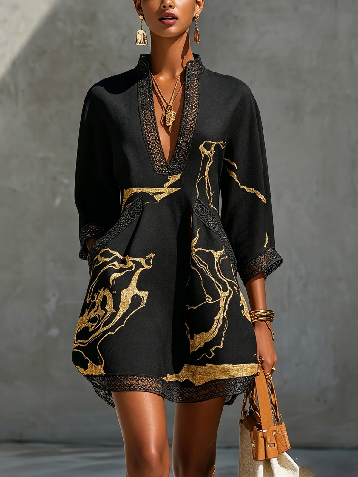 Navy Gold Abstract Print V-Neck Lace Trim 3/4 Sleeve Loose Cotton-Linen Short Dress