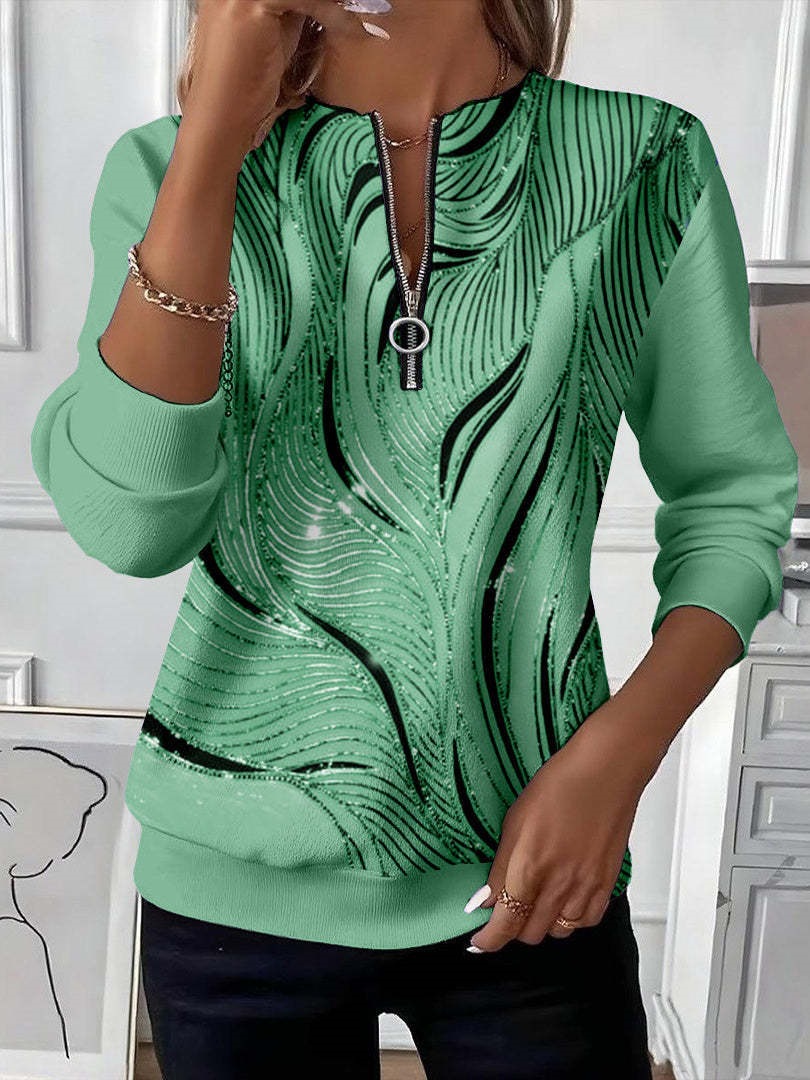Women's Boho Print Long Sleeve Zip-Up Sweatshirt Casual Top