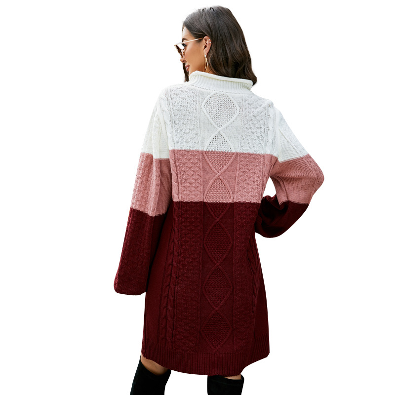 Women's Casual Loose Crewneck Long Knit Sweater Dress Colorblock Long Sleeve
