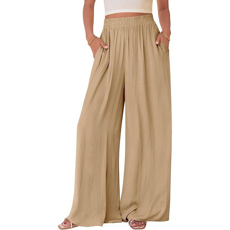 Women's Wide-Leg Casual Pants Solid Color Loose High-Waist Straight with Pockets
