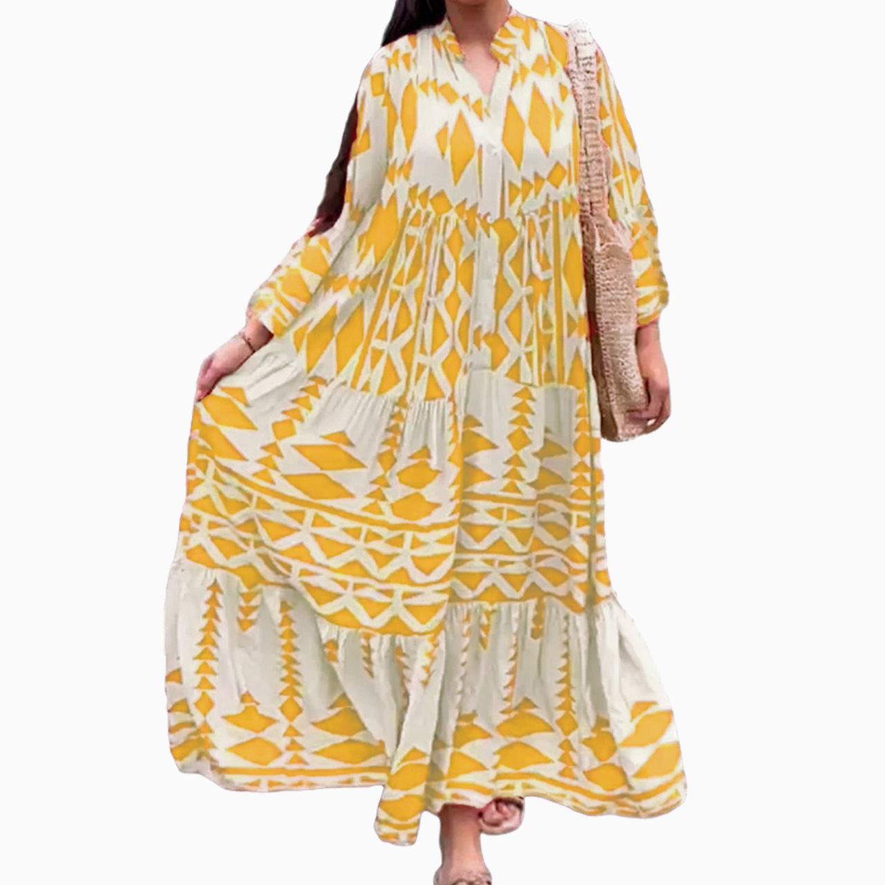 Plus Size Boho Geometric Print V-Neck A-Line Long Dress