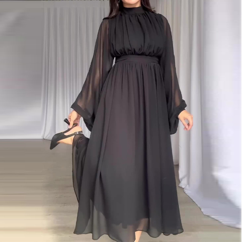 Solid Crewneck High-Waist Pleated Chiffon Dress