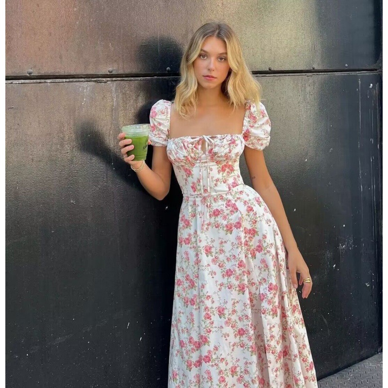 Floral Print High-Waist Slit Midi Dress with Puff Sleeves