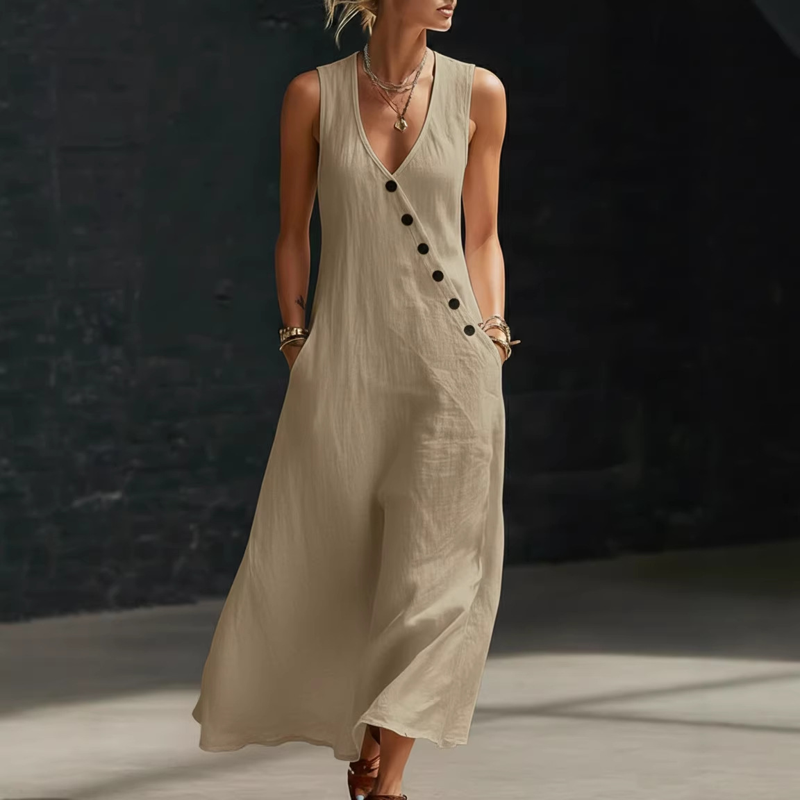 V-Neck Button-Front Cotton-Linen Sleeveless Maxi Dress