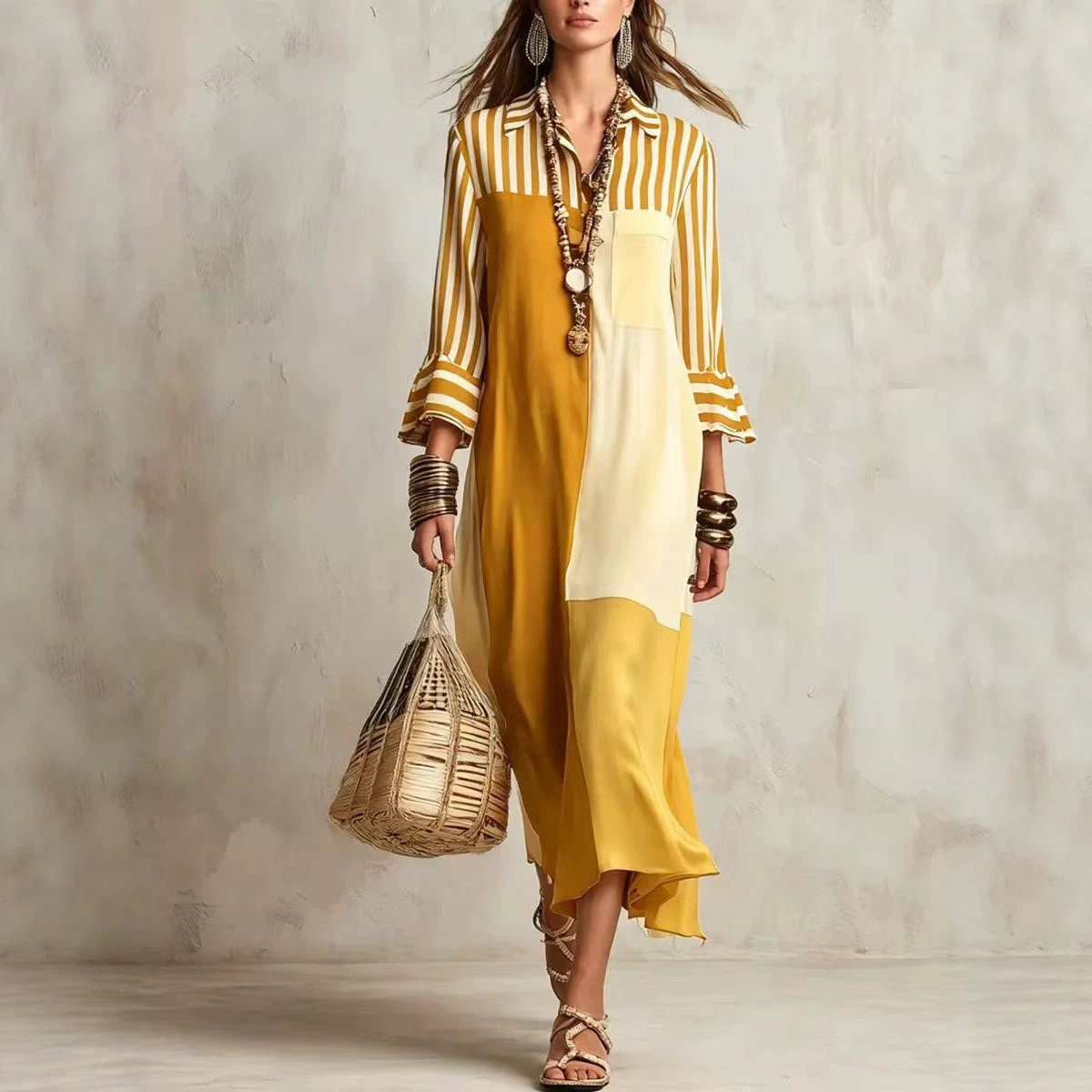 Striped Color-Block Shirt Dress with Three-Quarter Sleeves