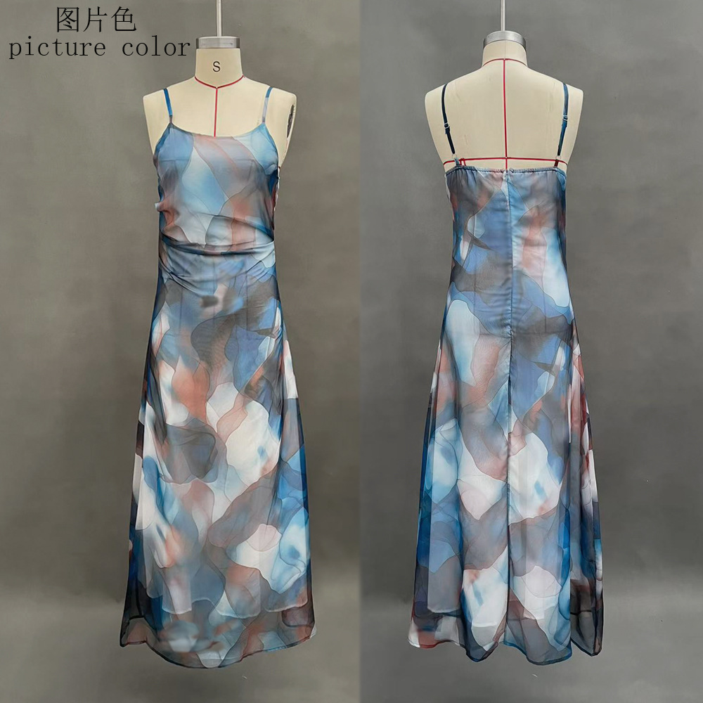 Women's Mesh Bodycon Cami Long Dress Gradient Print High Waist