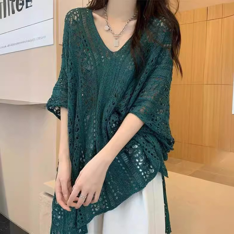 Openwork Short-Sleeve Knit Top Women's Loose Lightweight Sun Protection Cover-Up