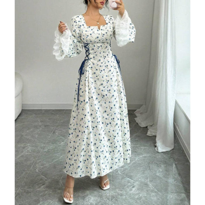 Floral Print Long Sleeve Tie-Waist Midi Dress