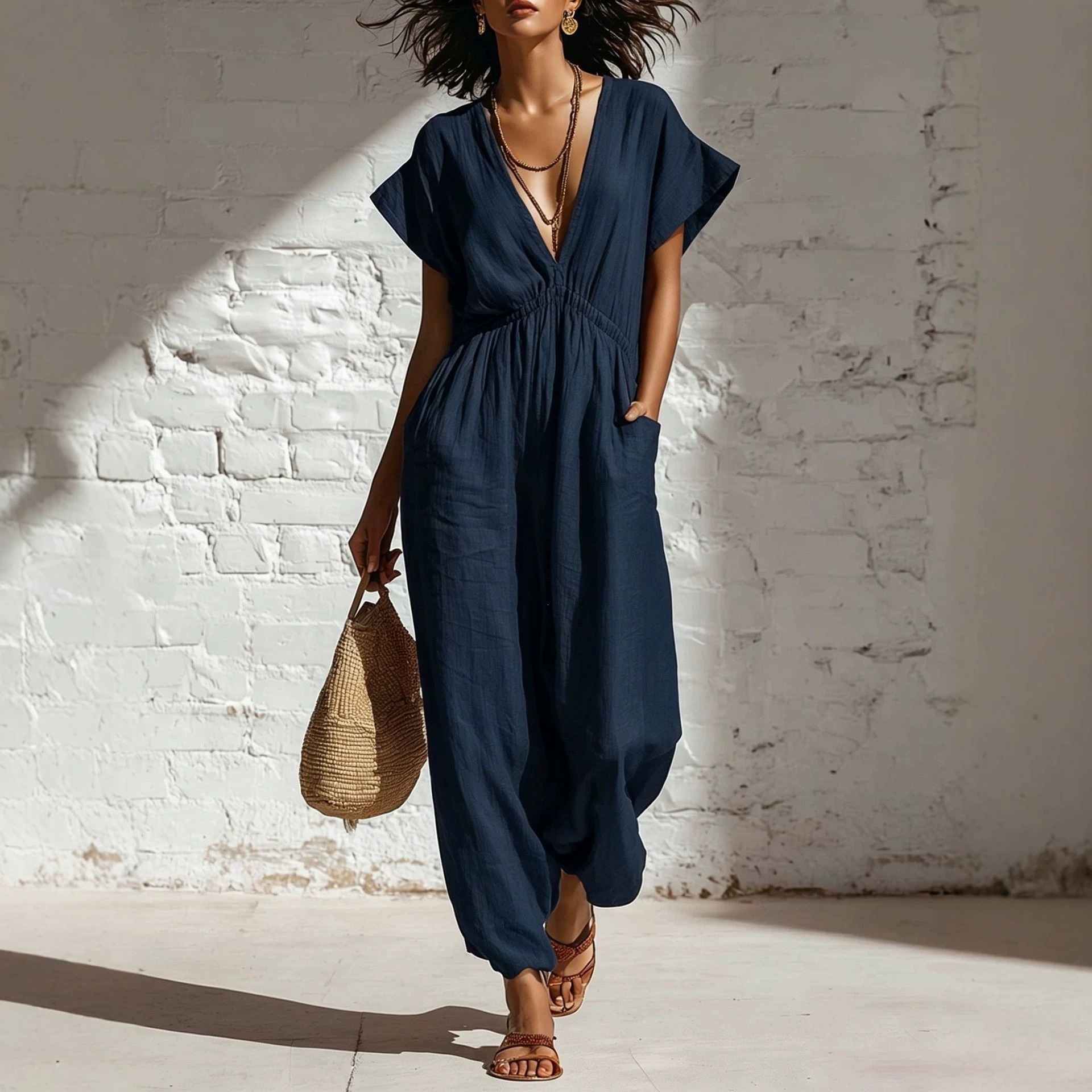 Women's Summer Deep V-Neck Wide-Leg Jumpsuit with Waist Tie Streetwear