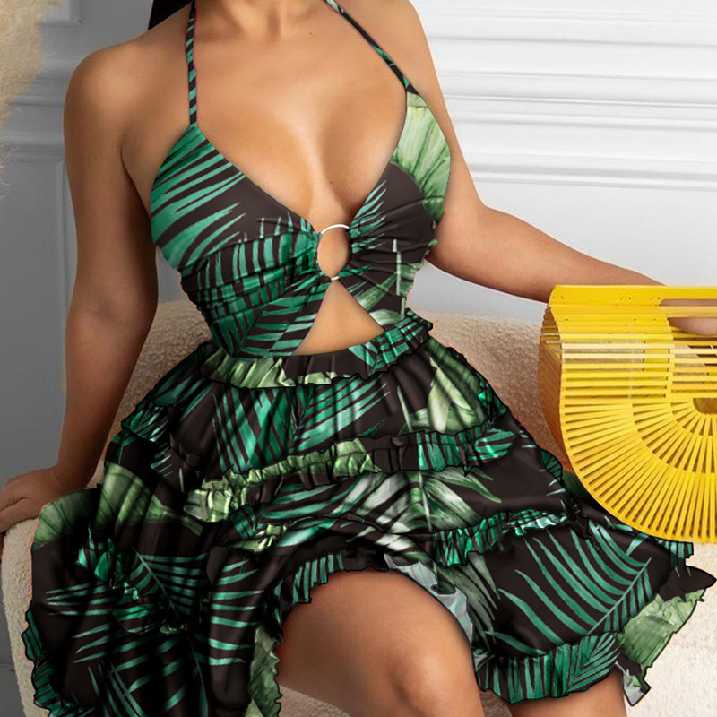 Women's Halter Neck Printed Cutout Ruffle Hem Dress