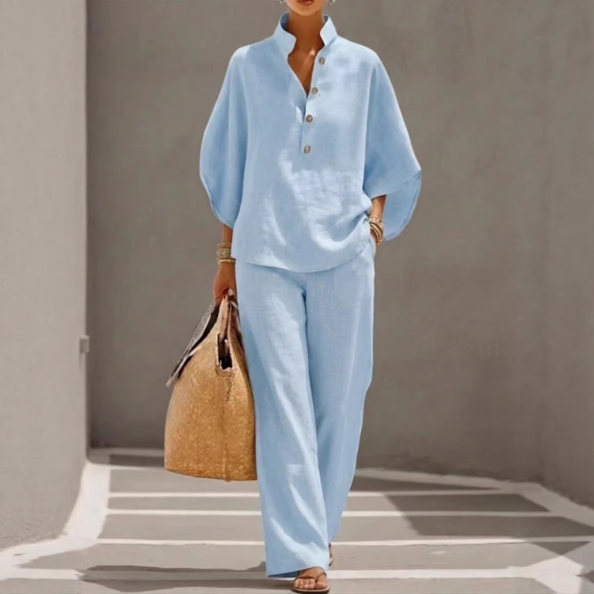 Women's Casual Solid Color Shirt and Pants Set