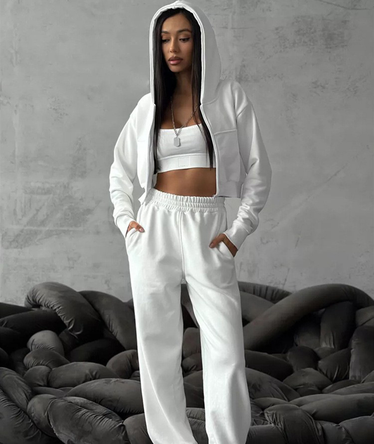 Sexy Cropped Hooded Cardigan and Pants Set Long Sleeve