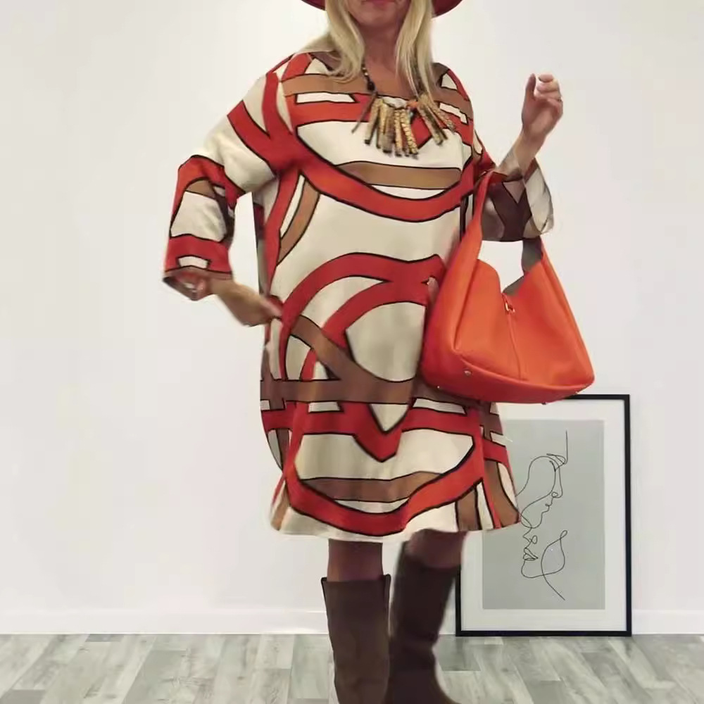 Women's Round Neck Long Sleeve Printed Midi Dress
