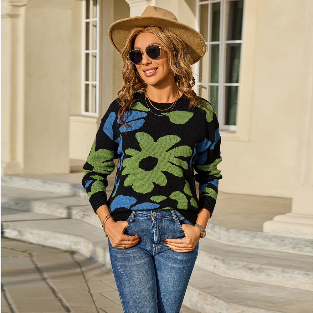 Women's Floral Print Crewneck Pullover Knit Sweater
