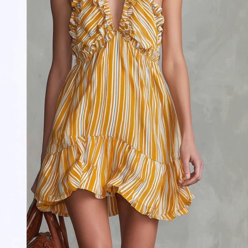 Retro Off-Shoulder V-Neck Striped Chiffon Mini Dress
