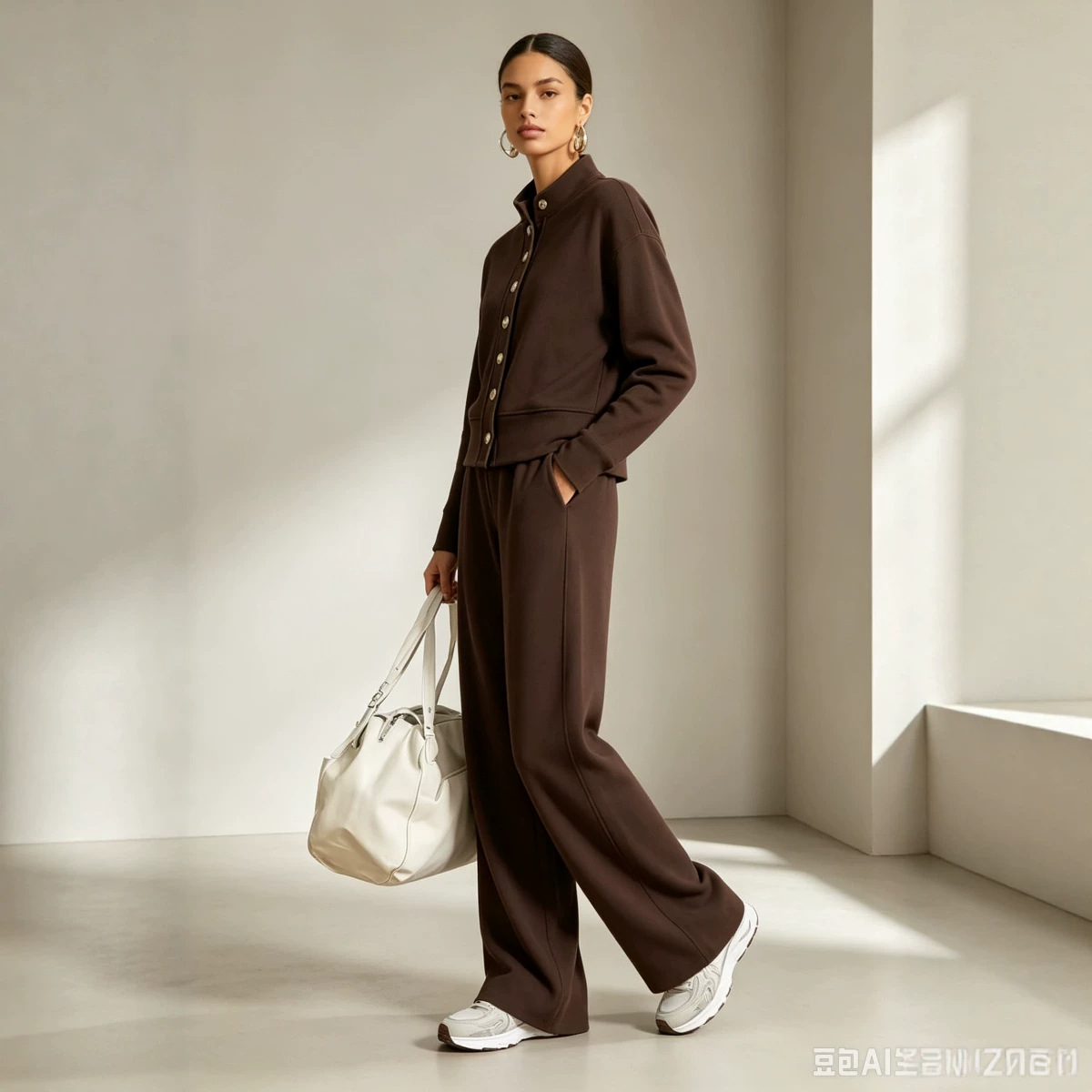 Women's Solid Stand-Collar Cardigan Hoodie & Wide-Leg Pants Set